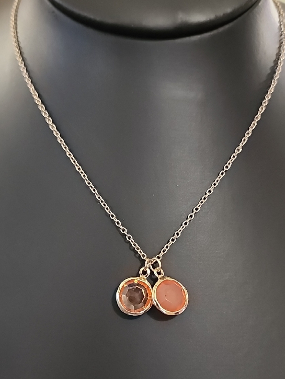 Gold-Tone Double Pendant Necklace with Peach and Smoky Gemstones